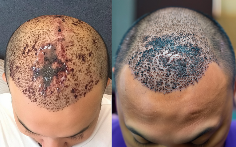 نمونه تصویر عوارض کاشت مو مراجعه کننده آقا در کلینیک زیبایی غیرمعتبر