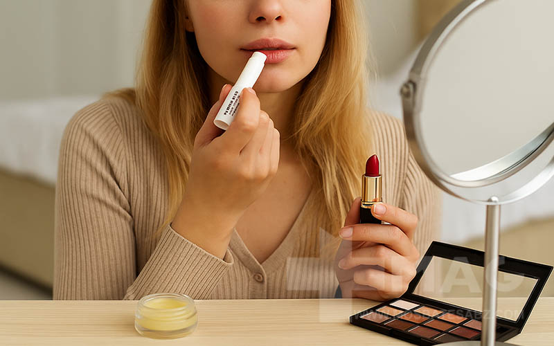 خانمی مشغول آرایش و استفاده از پرایمر برای ماندگار کردن رژلب