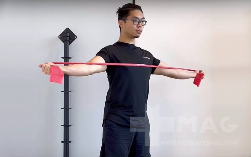 درمان افتادگی شانه با تمرین ، تمرین کشش باندی معکوس
