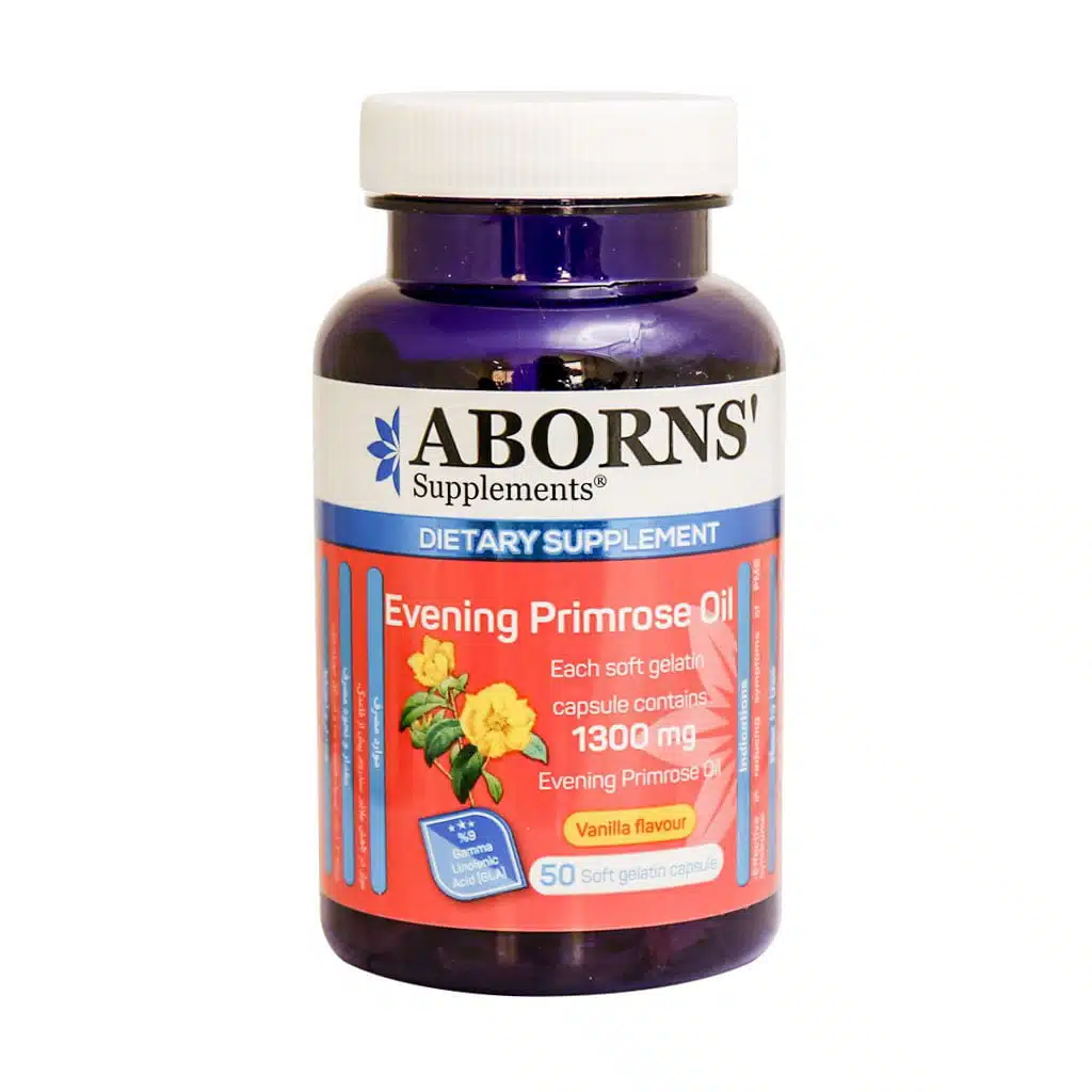 Aborns-Evening-Primrose-Oil-1300-mg-50-caps.jpg.webp کپسول روغن گل مغربی 1300 ابورنز 50 عددی