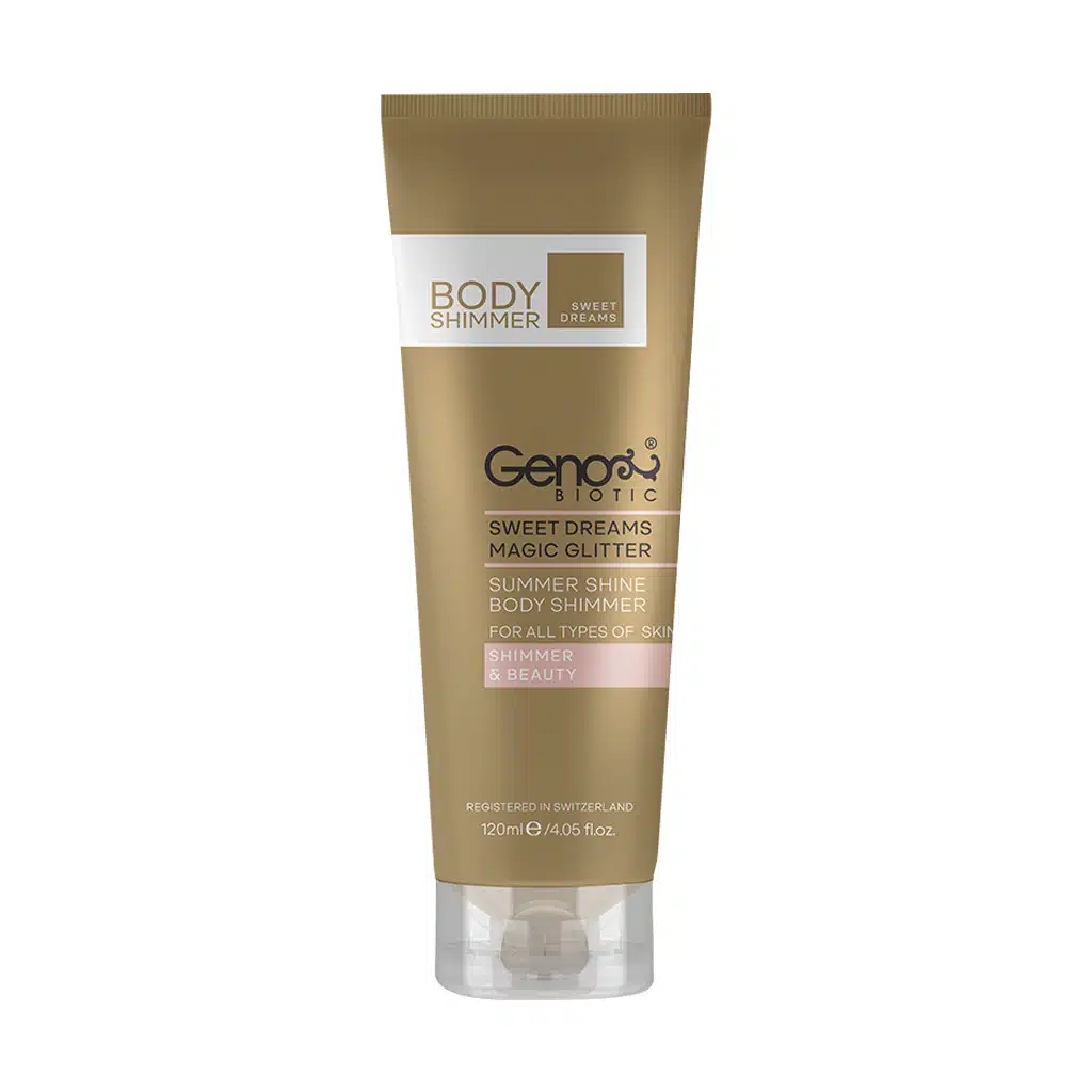 Genobiotic-Shine-Body-Shimmer.jpg.webp کرم براق کننده بدن ژنوبایوتیک حاوی اکلیل های طلایی 120 میلی لیتر