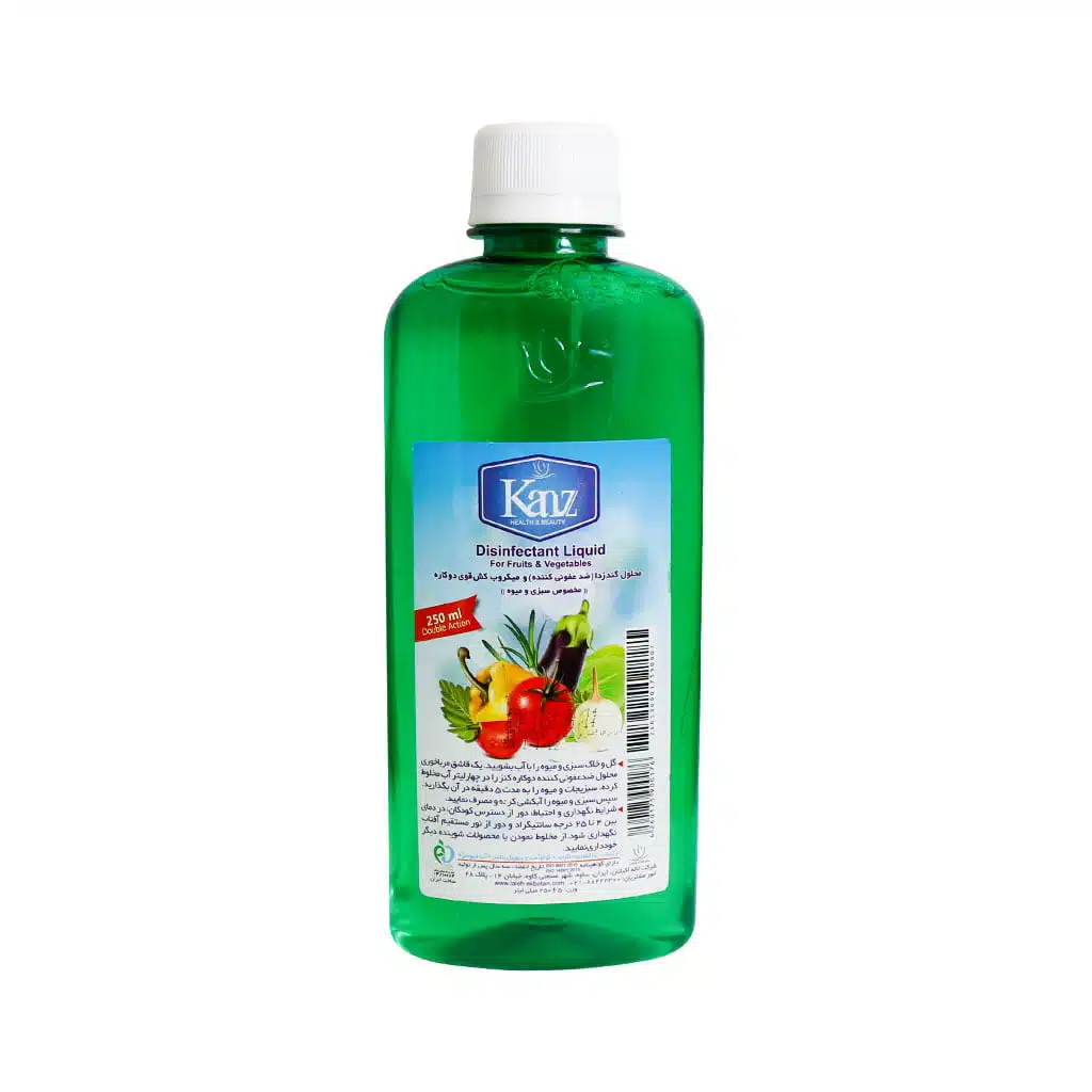 Kanz-Disinfectant-Liquid-for-Fruits-and-Vegetables-250-m.jpg.webp محلول ضد عفونی کننده میوه و سبزیجات کنز گندزدا و میکروب کش قوی 250 میلی لیتر