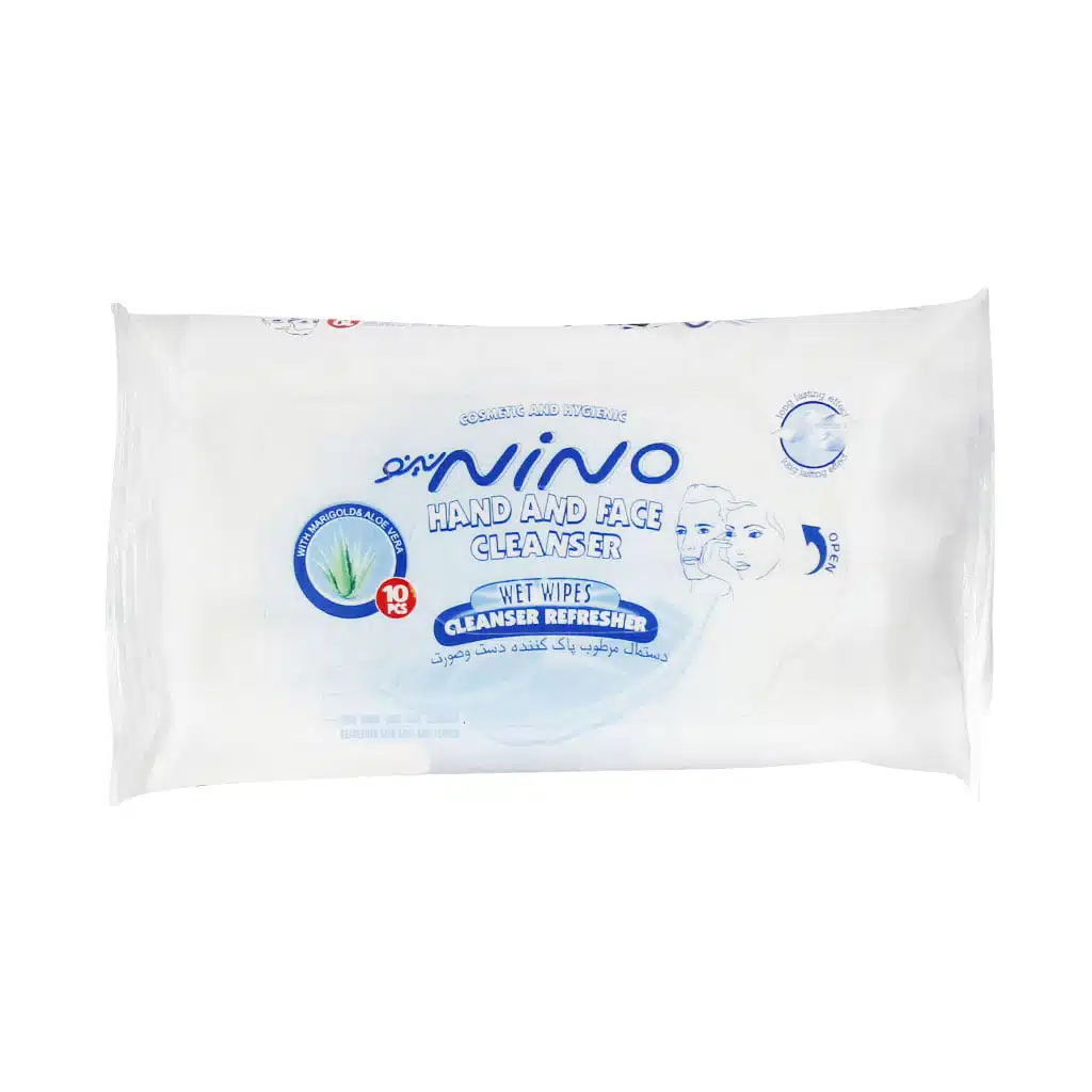 Nino-Hand-And-Face-Cleanser-10-Pcs..jpg.webp دستمال مرطوب پاک کننده دست و صورت نینو 10 عدد