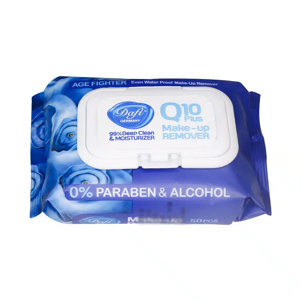 Dafi-Q10-Plus-Make-Up.jpg.webp دستمال مرطوب پاک کننده آرایش Q10 Plus دافی 50 عدد