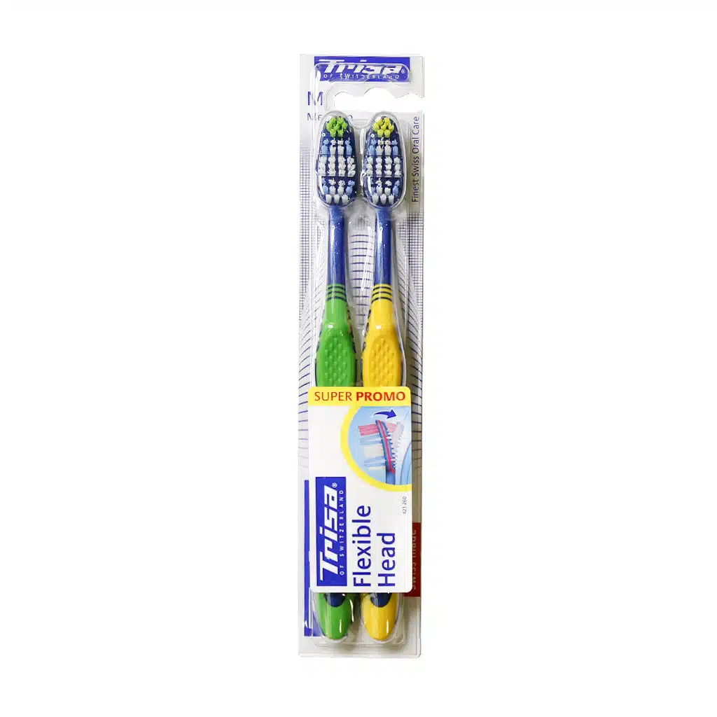 Trisa-Flexible-Head-Medium-Thootbrash-zard-sabz.jpg.webp مسواک دوتایی فلکسیبل هد با برس متوسط تریزا