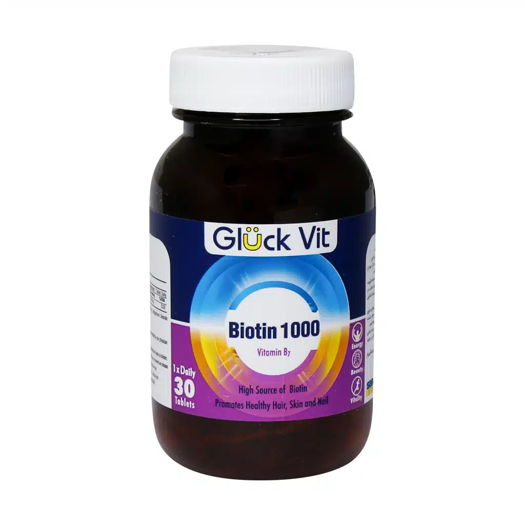 Gluck-Vit-Biotin-1000-Mcg-30-Tab.jpg.webp قرص بیوتین 1000 میکروگرم گلوک ویت 30 عدد