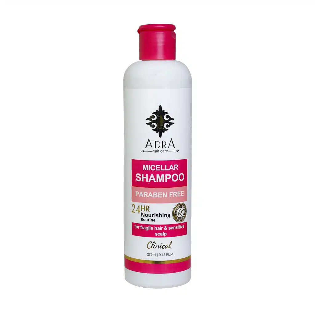 Adra-Micellar-Shampoo-For-Fragile-Hair-And-Sensitive-270-ml.jpg.webp شامپو مناسب موهای حساس و آسیب دیده آدرا حاوی روغن مورینگا 270 میلی لیتر