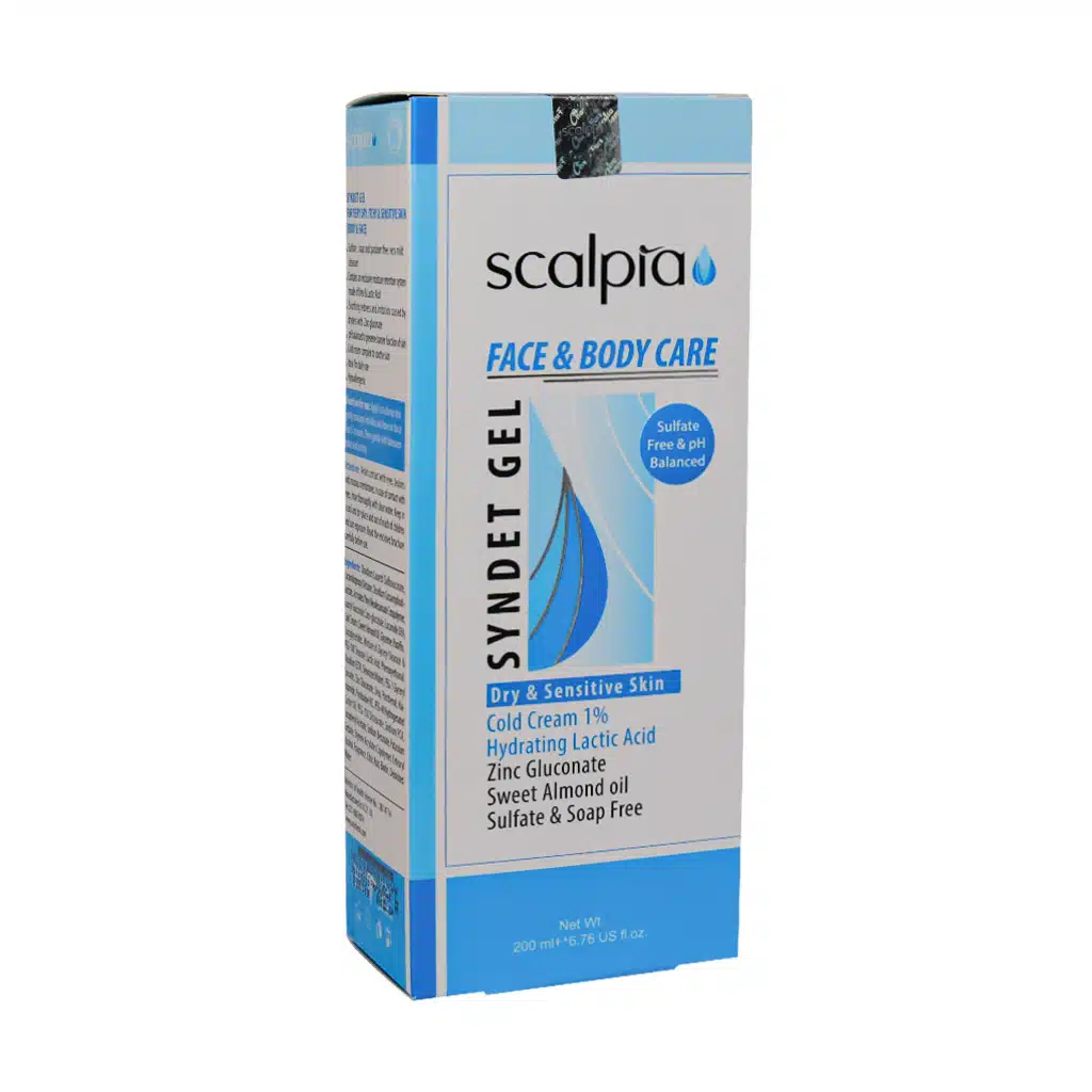 scalpia-face-and-body-care-syndet-gel-for-dry-and-sensitive-skin.jpg.webp ژل شوینده غیر صابونی صورت و بدن پوست خشک اسکالپیا 200 میلی لیتر