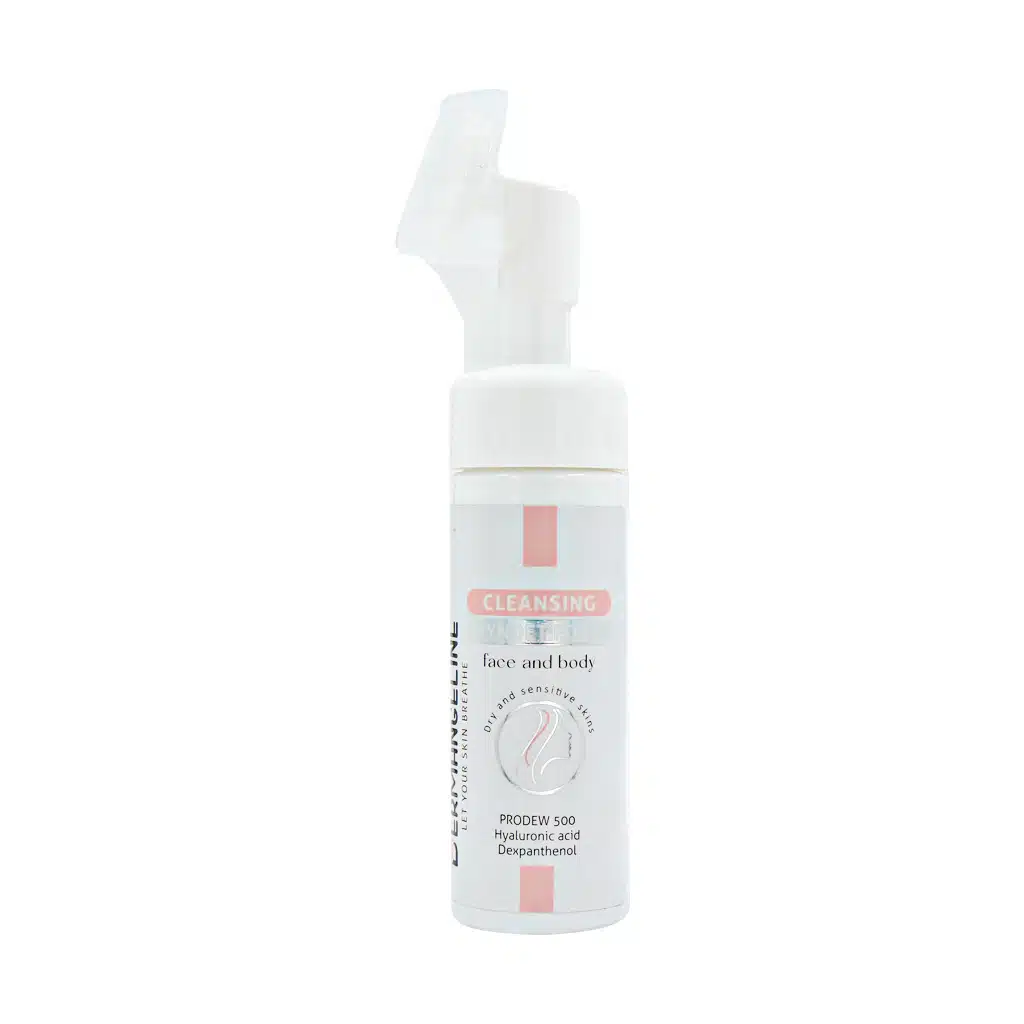 Dermangeline-Cleaning-Syndet-Foam-1.jpg.webp فوم شستشوی صورت و بدن درم انجلین مناسب پوست خشک 150 میلی لیتر