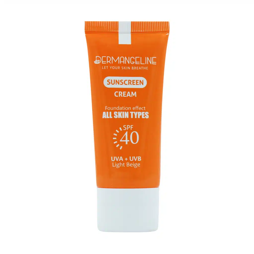 Dermangeline-SPF40-Sunscreen-Cream-All-Skin-Types-1.jpg.webp ضد آفتاب کرم پودری SPF40 درم انجلین مناسب انواع پوست 30 میلی لیتر