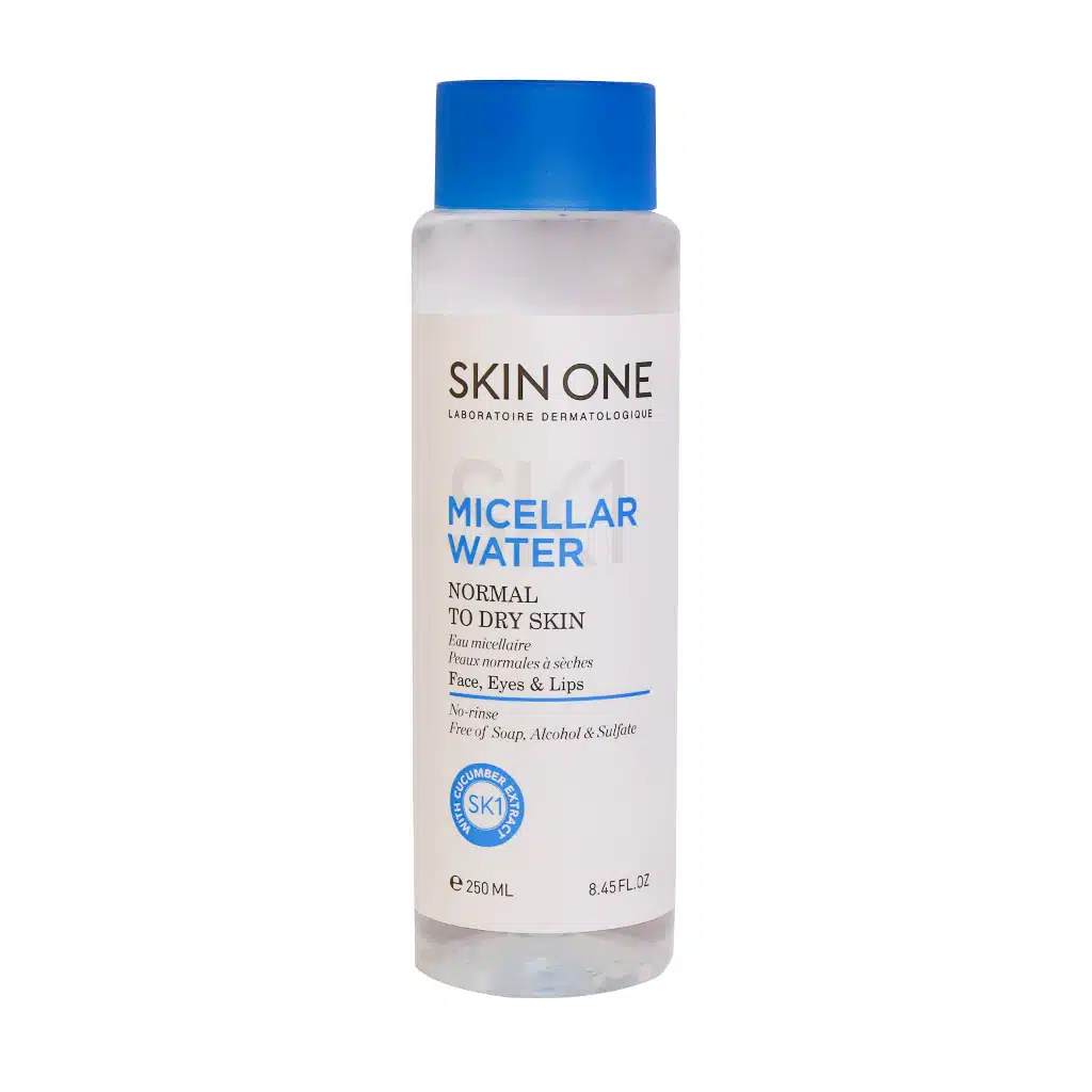 Skin-One-Micellar-Water-For-Normal-To-Dry-Skin-250-ml.jpg.webp محلول پاک کننده آرایش پوست نرمال تا خشک اسکین وان 250 میلی لیتر
