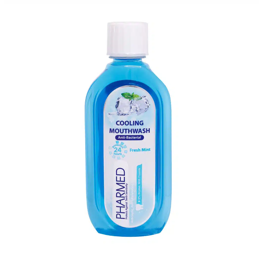 Pharmed-cooling-Mouth-Wash.jpg.webp دهانشویه خنک کننده فارمد مناسب دندان های حساس 400 میلی لیتر