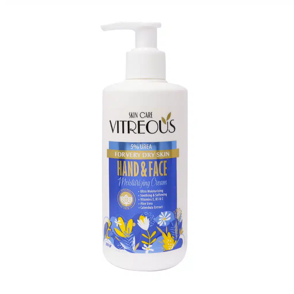 Vitreous-5-Urea-Cream-For-Hand-And-Face-250-g.jpg.webp کرم مرطوب کننده پمپی اوره 5 درصد ویتروس مناسب پوست های بسیار خشک 250 گرم