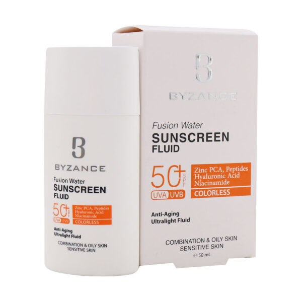فلوئید ضد آفتاب فیوژن واتر SPF50 بیزانس مناسب پوست چرب و مختلط