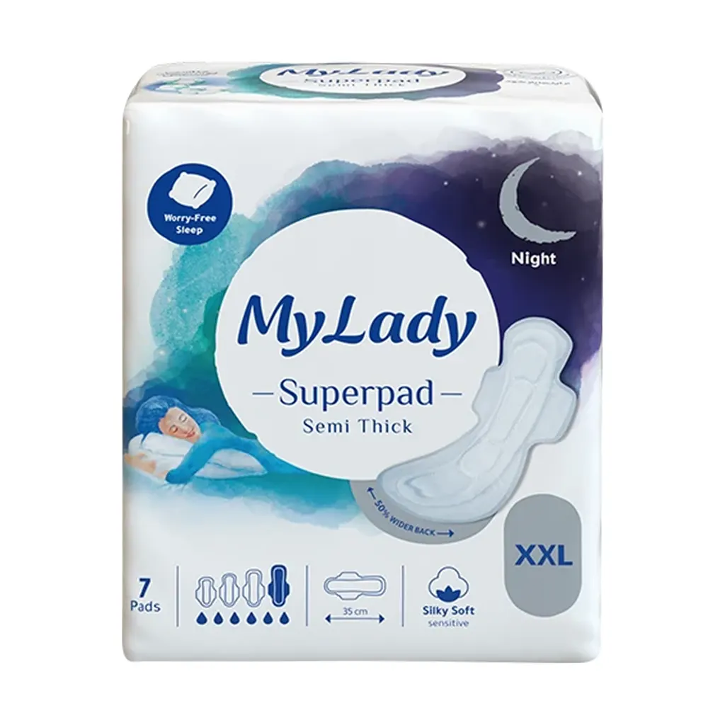 My lady Superpad Silky Soft Night Pads XXl Size 7 Pcs قیمت نوار بهداشتی پنبه ای سوپر پد نیمه ضخیم شب مای لیدی سایز خیلی خیلی بزرگ