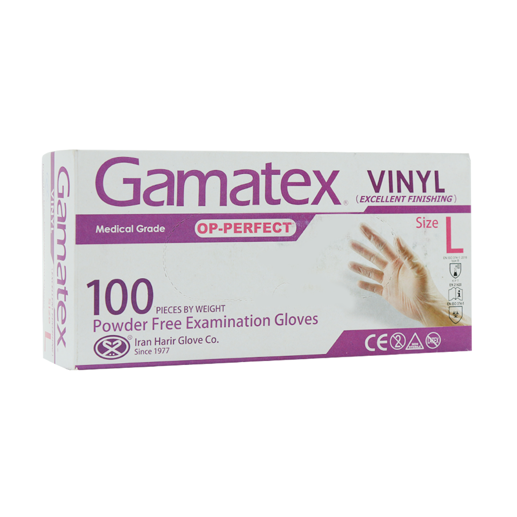 Gamatex Vinyl Powder Free Examination Gloves Size L قیمت دستکش معاینه وینیل بدون پودر گاماتکس