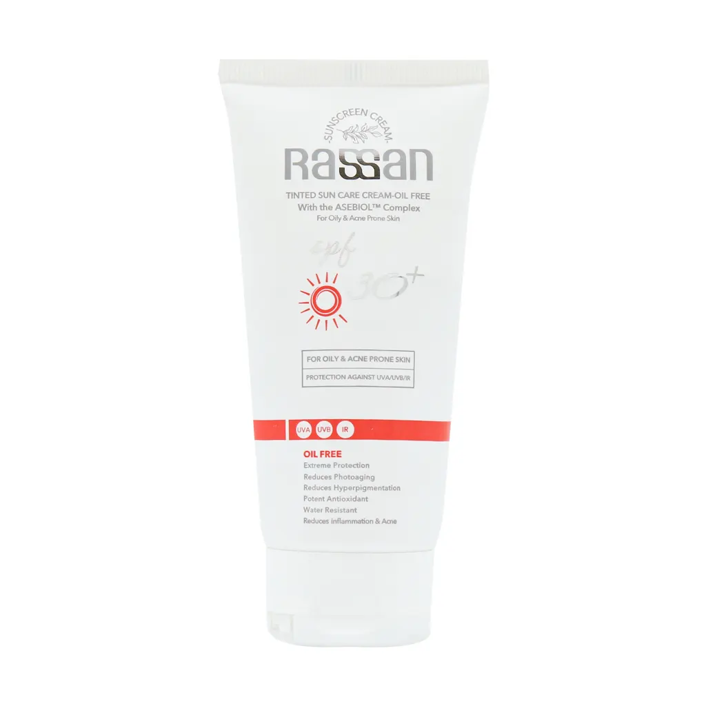Rassan SPF30 Sunscreen Oily And Acne Prone Skin 40 ml قیمت کرم ضد آفتاب رنگی فاقد چربی SPF30 پوست چرب راسن