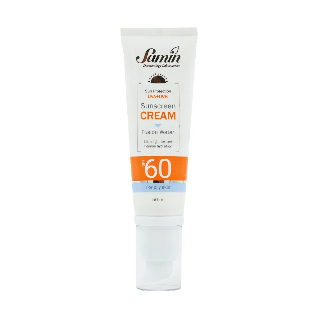 Samin FusionWater SPF60 Sunscreen 50 ml قیمت کرم ضد آفتاب فیوژن واتر پوست چرب ثمین