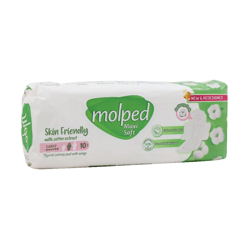 Molped Maxi Soft sanitary napkin Size Large 10 Pcs قیمت نوار بهداشتی بالدار ضخیم پنبه ای مولپد سایز بزرگ