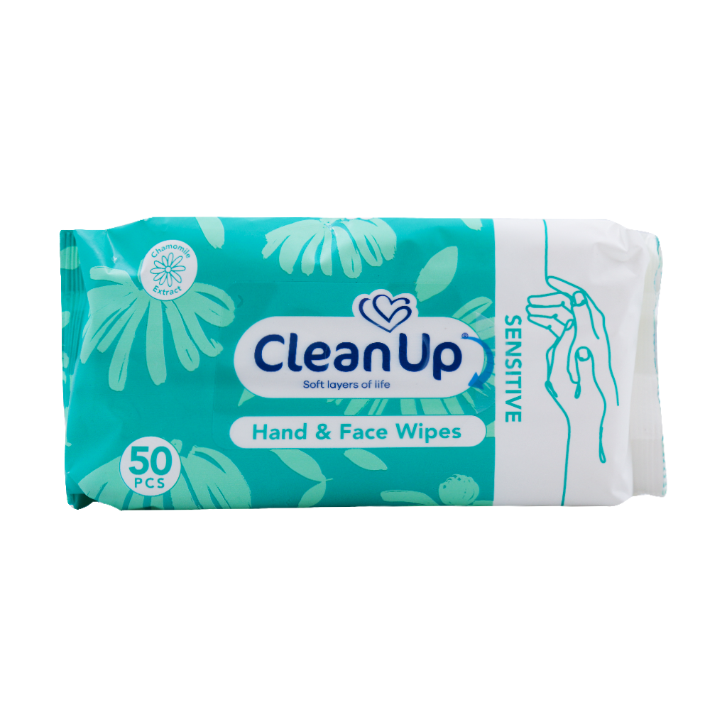 Clean Up Hand And Face Wipes Foe Sensitive Skin 50 Pcs قیمت دستمال مرطوب دست و صورت پوست حساس کلین آپ