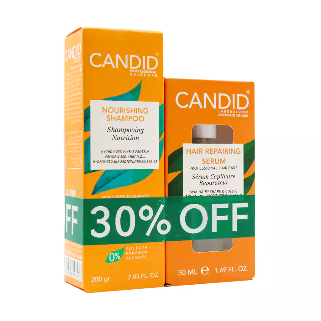 Candid Hair Repairing Serum And Nourishing Shampoo پک سرم تقویت کننده تک فاز و شامپو موهای خشک کاندید Candid Hair Repairing Serum And Nourishing Shampoo پک سرم تقویت کننده تک فاز و شامپو موهای خشک کاندید